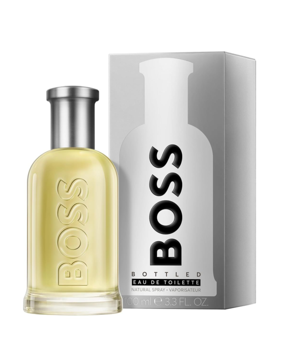 Hugo Boss, Boss Bottled, Eau de Toilette, Men's Fragrance, Oriental Woody Fruity, Apple, Bergamot, Lemon, Cinnamon, Geranium, Clove, Sandalwood, Cedarwood, Musk, Fresh, Spicy, Woody, Sophisticated, Masculine, Professional.