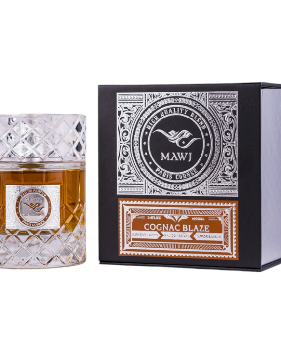 Mawj Cognac Blaze, Cognac Blaze Perfume, Mawj Perfume, Warm Spicy Fragrance, Woody Perfume, Cognac Fragrance, Cinnamon Perfume, Orange Peel Scent, Vanilla Fragrance, Rose Perfume, Patchouli Fragrance, Sandalwood Perfume, Musk Fragrance, Leather Scent, Luxury Perfume