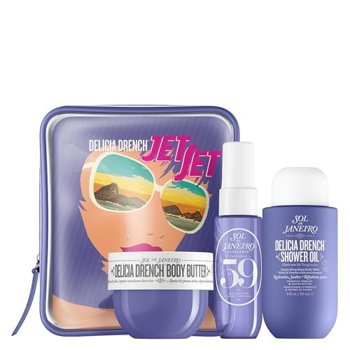 Sol de Janeiro Cheirosa 59, Cheirosa 59 Jet Set, Delicia Drench Set, Sol de Janeiro Travel Set, Cheirosa 59 Perfume Mist, Delicia Drench Shower Oil, Delicia Drench Body Butter, Brazilian Body Care, Fruity Floral Fragrance, Gourmand Perfume, Dark Plum, Blackberry, Violet, Jasmine Sambac, Tuberose, Frangipani, Vanilla, Sandalwood, Travel Gift Set