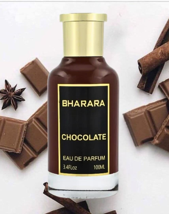 Bharara Chocolate, Chocolate perfume, gourmand fragrance, chocolate fragrance, vanilla perfume, woody oriental perfume, sweet perfume, unisex fragrance, dark chocolate scent, jasmine perfume, violet fragrance, sandalwood perfume, patchouli fragrance, musk perfume, luxury Eau de Parfum, travel spray, long-lasting fragrance