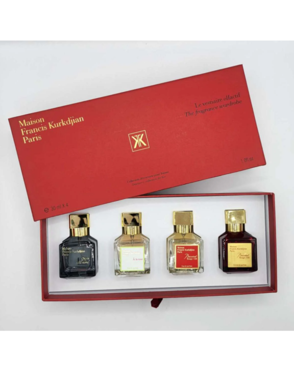 Maison Francis Kurkdjian, MFK, mini perfume set, fragrance set, 4 piece set, 4 x 30ml, perfume collection, unisex fragrance, luxury perfume, gift set, travel size, sampler set