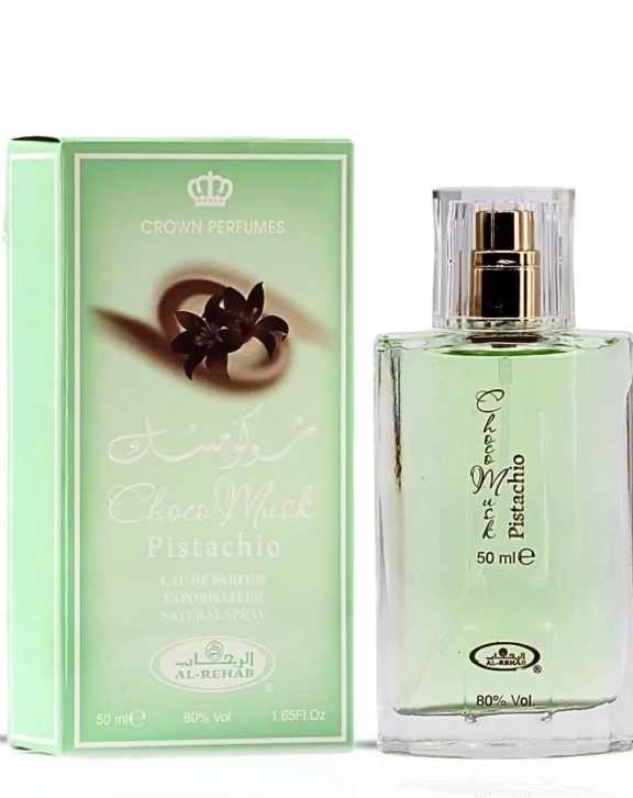 Al-Rehab Choco Musk Pistachio, Choco Musk Pistachio, Eau de Parfum, Gourmand fragrance, Floral Musk perfume, unisex perfume, pistachio fragrance, chocolate perfume, vanilla scent, jasmine perfume, violet fragrance, musk perfume, sandalwood scent, amber fragrance, sweet perfume, cozy fragrance, warm scent, luxury perfume, Arabic perfume, long-lasting perfume, gourmand scent, creamy fragrance, unique perfume, SKU QKL-GREEN
